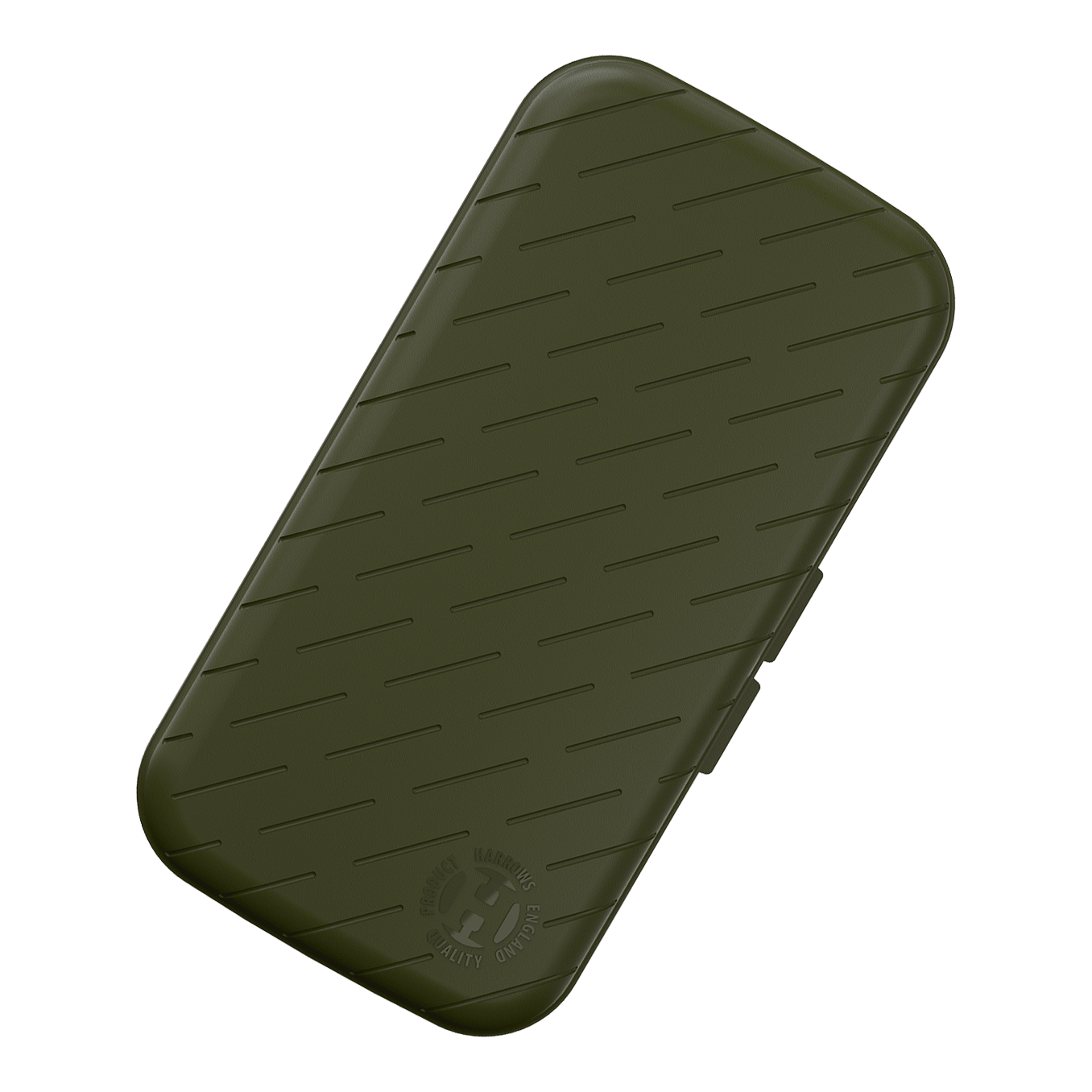 Étui à fléchettes Harrows Slimcase Das Bild zeigt ein schlankes, grünes Etui mit leicht abgeschrägten Kanten und schrägen Linien als Muster. In der unteren Ecke befindet sich ein rundes Logo mit der Aufschrift "HARROWS ORIGINAL QUALITY PRODUCT".