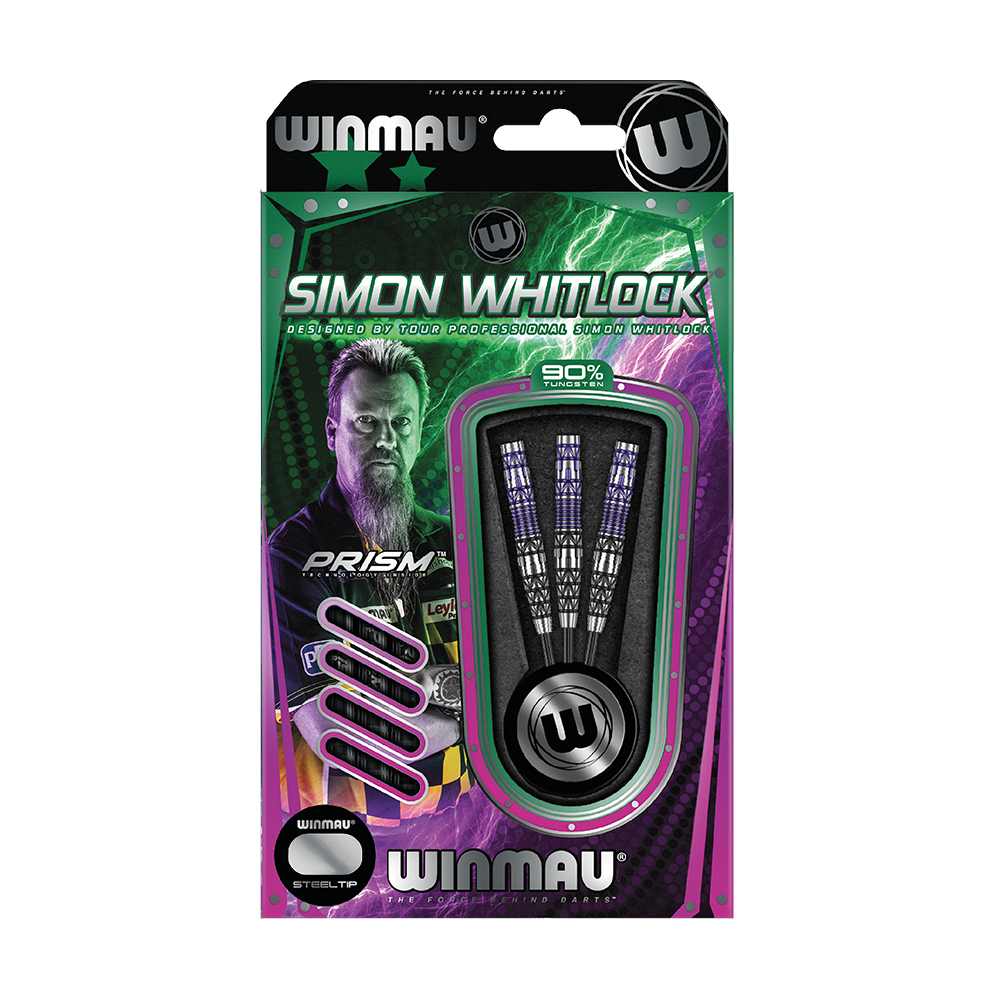 Fléchettes en acier Winmau Simon Whitlock Édition Spéciale 2020 Die Abbildung zeigt das Produkt „Winmau Simon Whitlock Special Edition 2020 Steeldarts“ in der Originalverpackung. Auf der Verpackung sind drei Steeldarts und ein Bild von Simon Whitlock zu sehen.