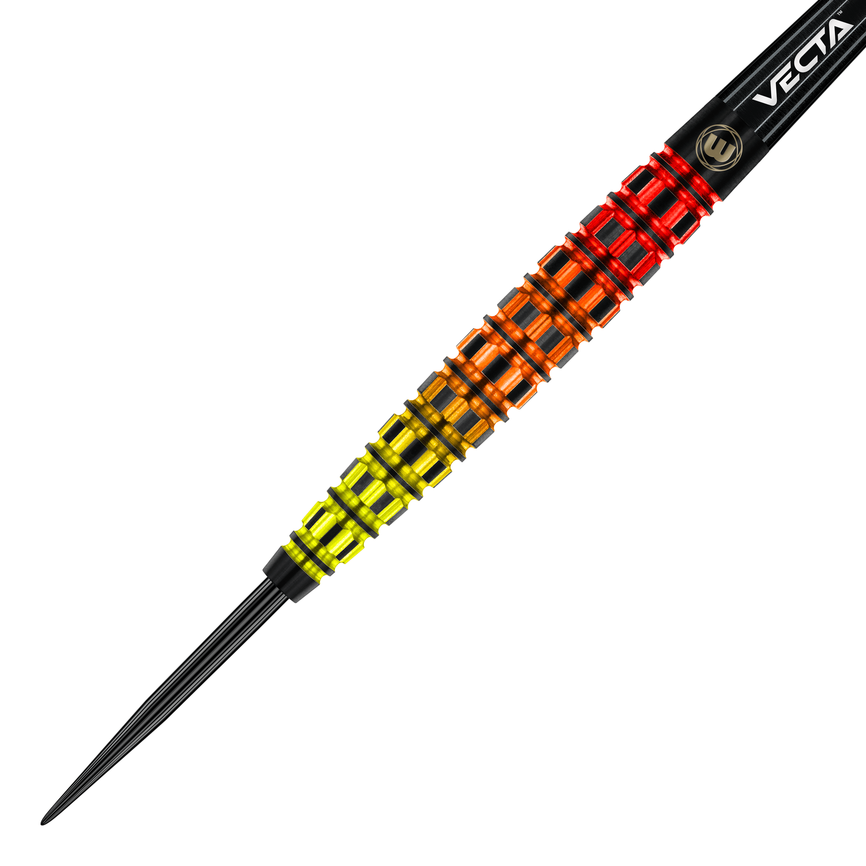 Fléchettes coniques en acier Winmau Firestorm Flame Das Bild zeigt einen Winmau Firestorm Flame Tapered Steeldart. Der Dart hat ein auffälliges Design mit leuchtenden Farben von Gelb über Orange bis Rot.