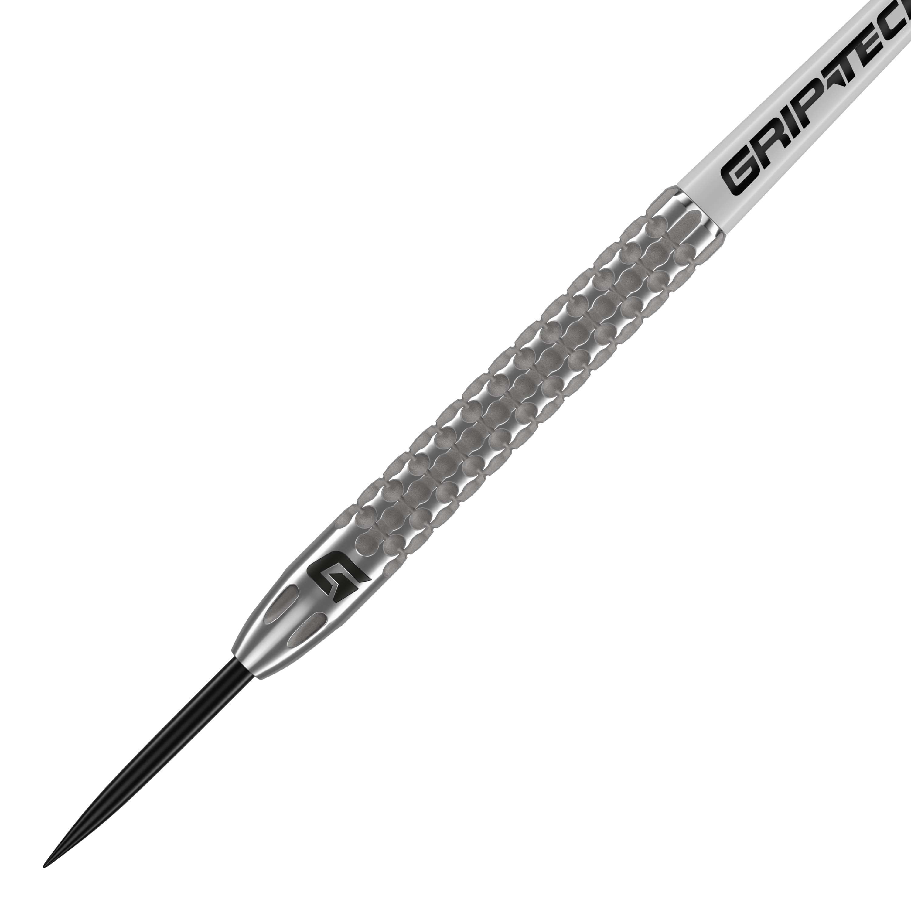 Fléchettes GOAT Fairway V2 en acier tungstène Dies ist ein GOAT Fairway V2 Tungsten Steeldart. Er hat eine silberne, strukturierte Oberfläche mit dem Schriftzug "GRIPTEC" auf dem Schaft.