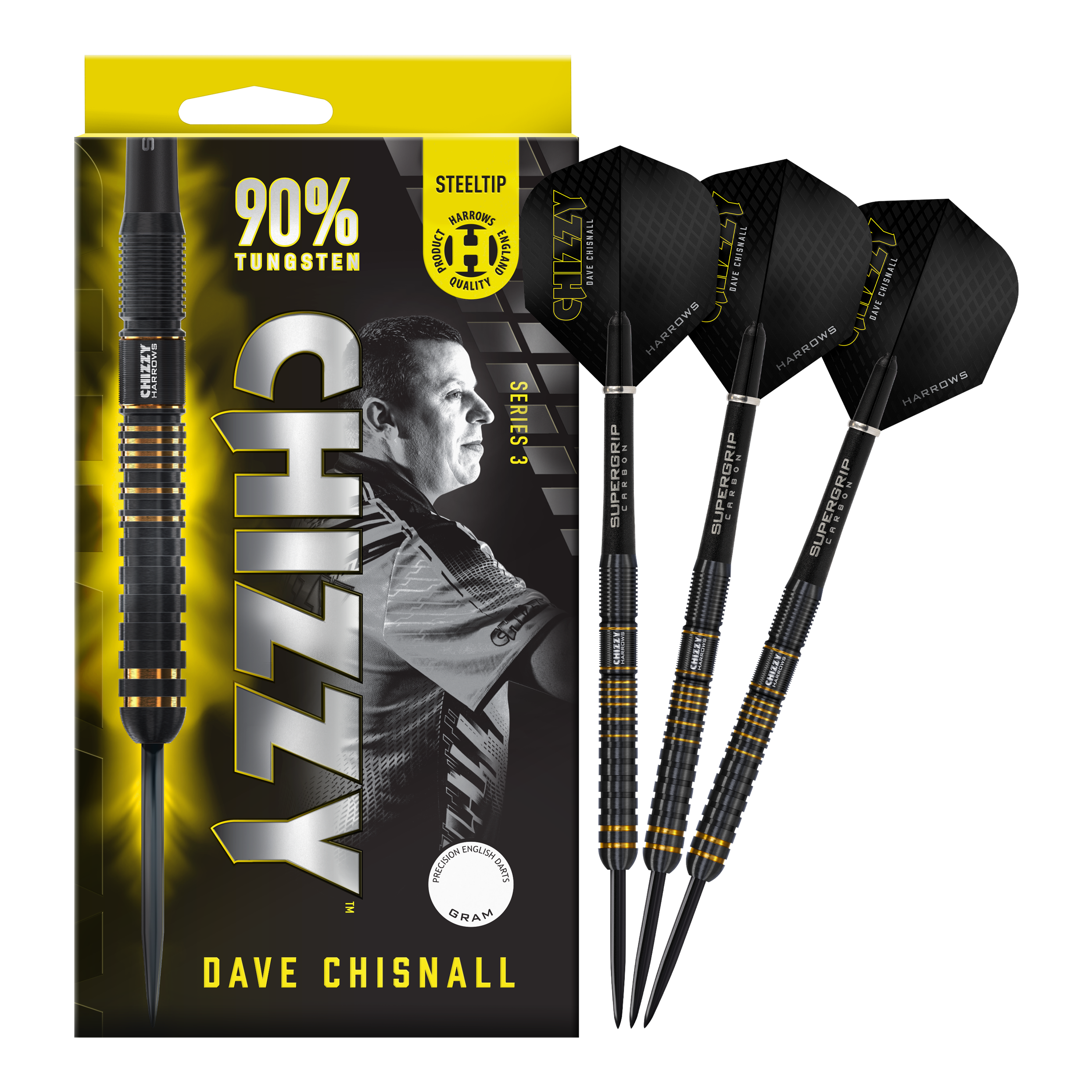 Fléchettes en acier Dave Chisnall Chizzy Series 3 de Harrow Das Bild zeigt eine Verpackung der Harrows Dave Chisnall Chizzy Series 3 Steeldarts mit einem Porträt von Dave Chisnall. Rechts daneben sind drei schwarze und gelbe Steeldarts abgebildet.