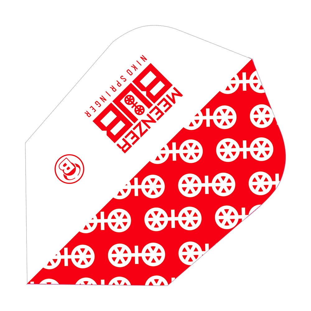 Das Bild zeigt ein Dartflight-Produkt mit dem Namen "Bulls X-Powerflite Niko Springer XXL B-Standard Flights". Das Design ist rot-weiß und trägt auffällige Logos und Muster.